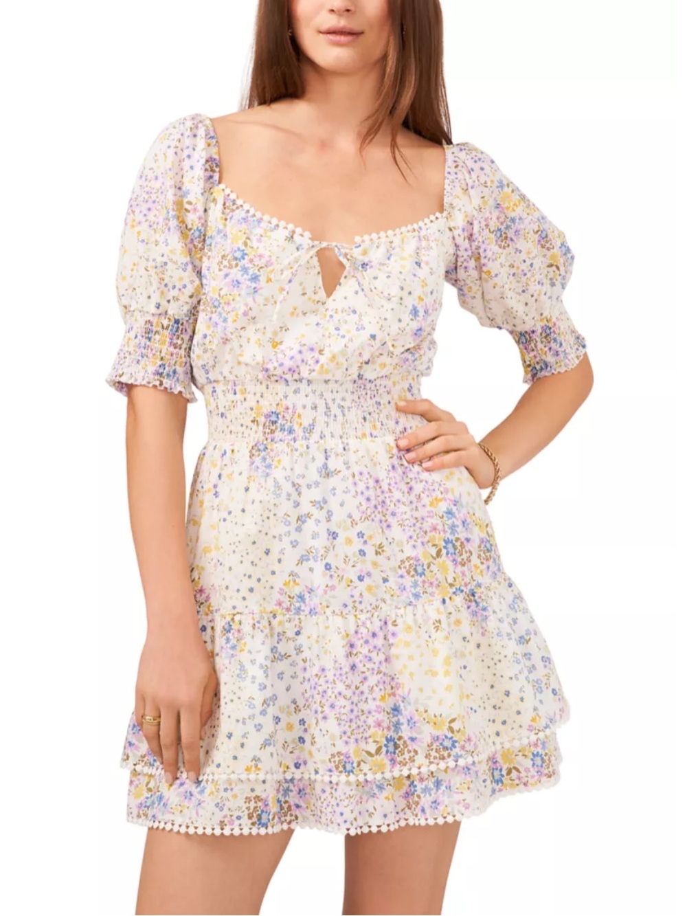 1.State Floral Puff-Sleeve Mini Dress 100% cotton Sz M